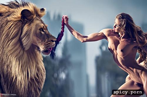 photorealistic, perfect face, highres, 8k, nude extreme muscular woman fight a lion