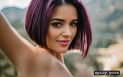 latina female, purple hair, elegant, happy face, medium breasts