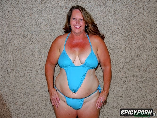 solo woman in her forties, gigantic saggy boobs smiling, toned belly