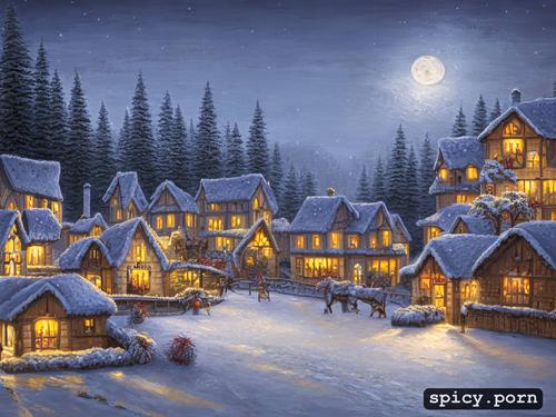 at christmas, thomas kinkade style painting of a beautiful small village in the middle of an enchanted forest