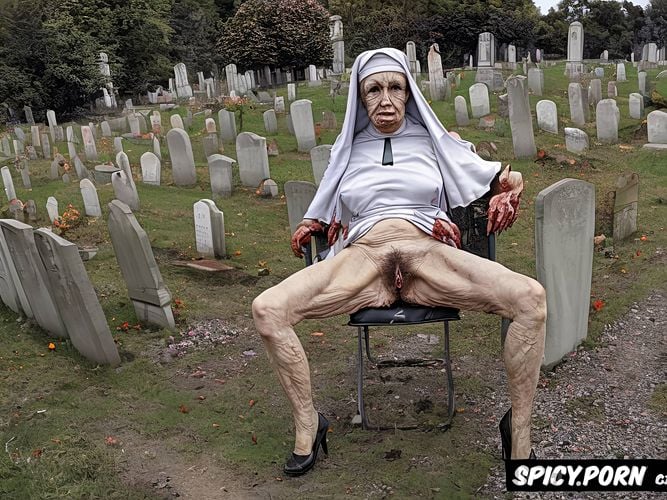 catholic nun, pale, very old granny, cemetery, spreading cellulite legs