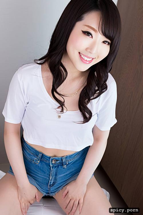 25 yo, japanese woman, white crop top, face to camera, very short denim shorts