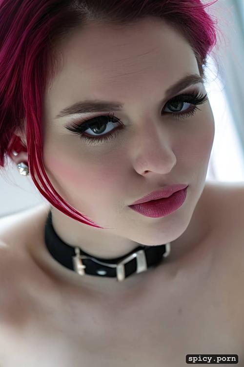 dyed red hair, big glossy eyes, cum on her face, wearing choker
