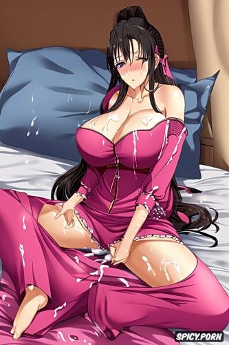 black hair, seductive look, cum on boobs, woman, pink pajamas