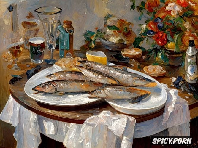 impressionist painting, shrimps and a glass mug on a wooden table