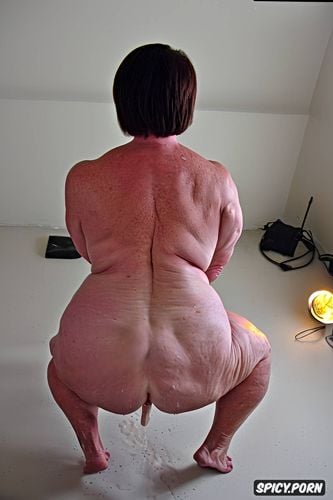 gorgeous face, massive ass, squatting, hyperrealistic pregnant pissing muscular thighs red bobcut haircut