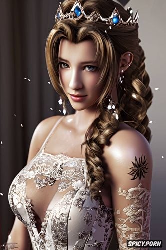 tattoos masterpiece, k shot on canon dslr, ultra detailed, aerith gainsborough final fantasy vii rebirth beautiful face young tight low cut black lace wedding gown tiara