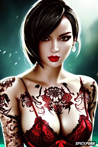 tattoos masterpiece, ultra detailed, ada wong resident evil beautiful face young sexy low cut red lace lingerie