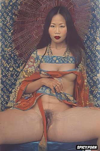 carpet art, cranach, blue coat, hairy vagina, masterpiece painting