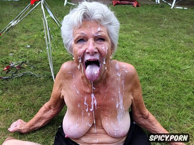 cum on tits, closed tent location, granny zombie, cum mouth