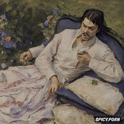 vampire, couch, impressionism painting style, watermelon sliced