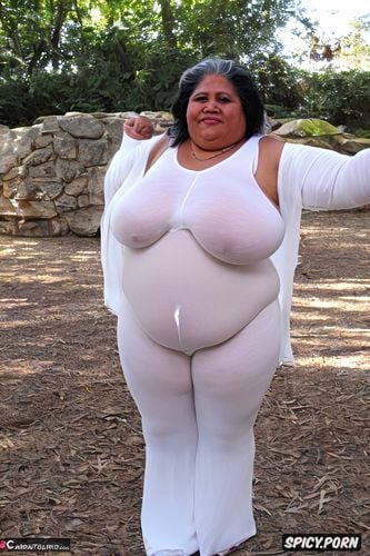 small shrink boobs, big fat bulge, see through clothes, ssbbw hispanic old woman in a transparent white and tight bodysuit