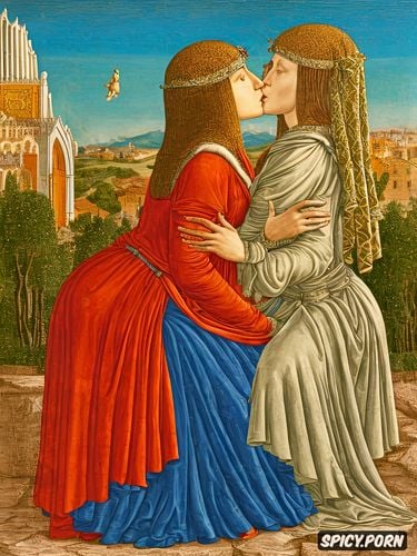 sidele, virgin mary lesbian couple kissing, rainbow sky