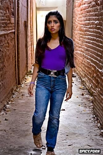 dark dangerous alleyway, pakistani female college student, specifically selected