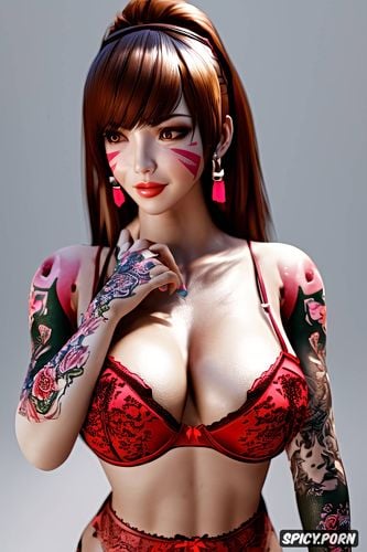 d va overwatch beautiful face young full body shot, tattoos small perky tits elegant low cut red lace lingerie masterpiece