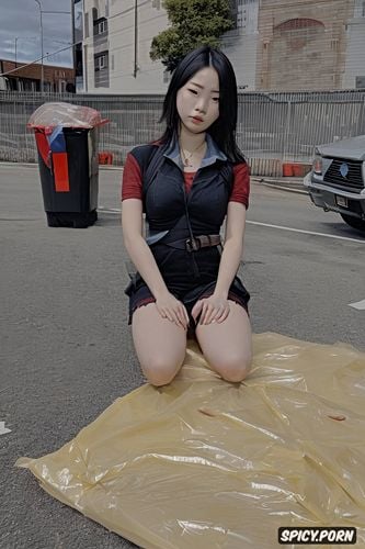 tight ass, terrified, female victim, kneeling next to a dumpster