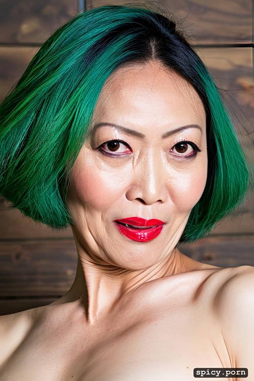 dominatrix, medium shot, 50 yo, pixie hair, chinese woman, precise lineart