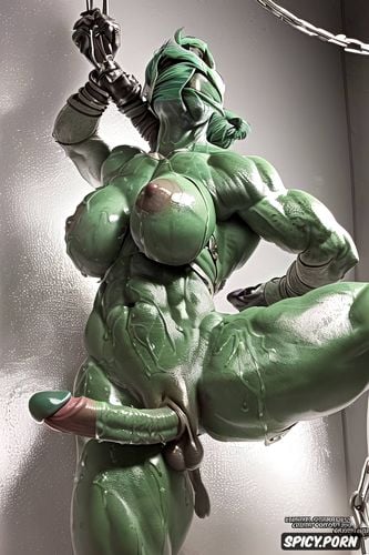 chained, green skin, heavy huge strongest extreme muscular orc futanari