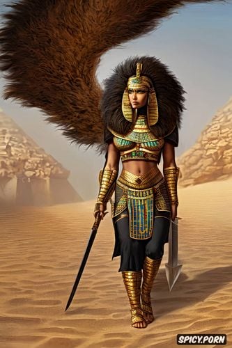 traditional egyptian clothing, lion headed egyptian goddess woman armed with swords walking through a desolate desert with human skulls in the sand