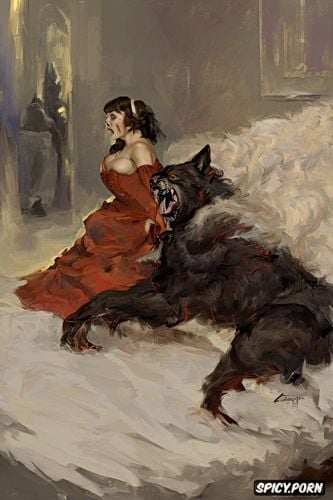 fangs, ferocious beast, werewolf, art by vasily surikov, victorian gown