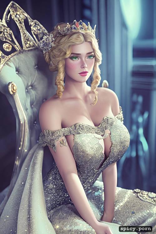 masterpiece, tiara, ultra realistic, throne, queen anora, no make up