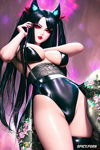 shiny, and massive big juicy breasts with perky hard nipples that are peaking through the kimono kuro wears black a pitch black kimono that slightly covers her oiled curvy divine body her shoes are long