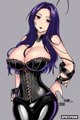 sensual japanese goddess with a perfect slim body, and long flowing hair wearing a tight leather corset mistress dominatrix goddess worship asian japanese busty corset strict denial tease