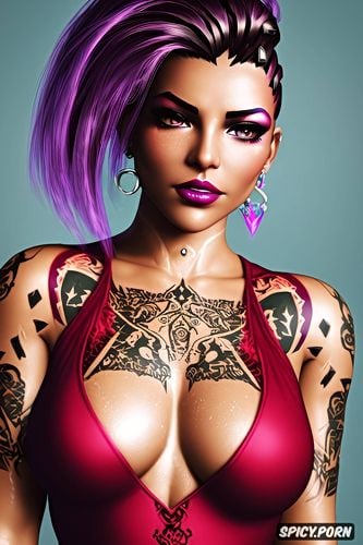 sombra overwatch beautiful face young full body shot, tattoos small perky tits elegant low cut tight dark red dress masterpiece