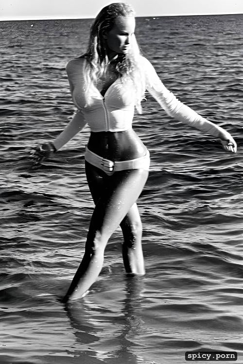photo, white bikini, glistening skin, 60 s style, out of focus sea in the background