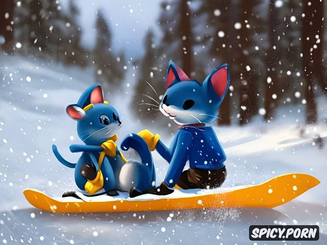 cat tom and mouse jerry, on a snowboard