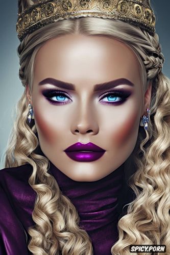 masterpiece, busty, fantasy roman empress beautiful face full lips rosey skin long soft ashen blonde hair in a braid rich dark purple robes diadem curvy
