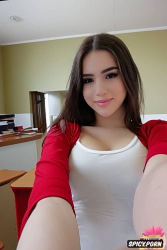 real amateur selfie of a cute spanish emo teen girlfriend, teacher outfit