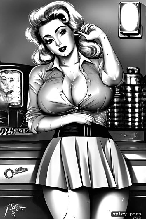 pin up, blond wavy hair, vintage, drawing, busty woman, aroused