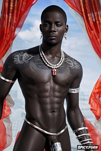 shaved, very handsome model, african tribal patterns at the background