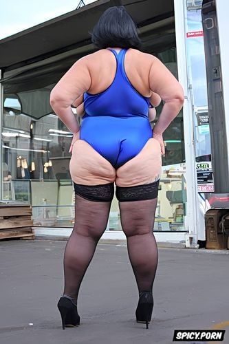 at street, very large hips, hands down black hair, fat inflated buttock
