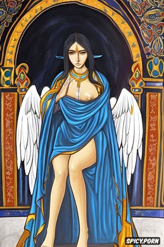 open legs, thin body, angel big dick in pussy, bright halo, blue cloak