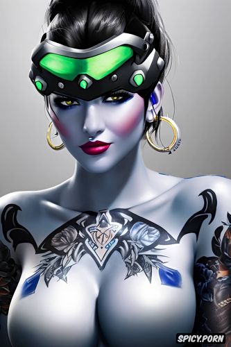 ultra realistic, high resolution, k shot on canon dslr, widowmaker overwatch beautiful face young topless tits out tattoos masterpiece
