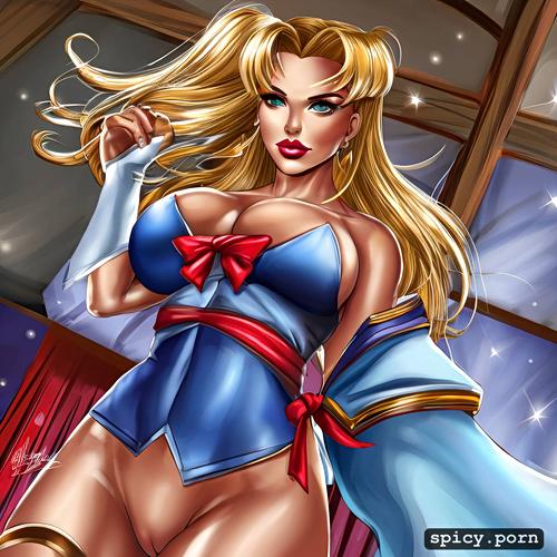 in a bedroom, realistic body, if sailor moon was a 45 yo porn star