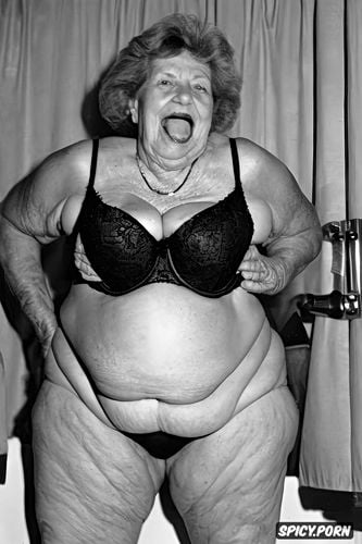 wide hips, very old wrinkled busty granny, small belly, wide open mouth