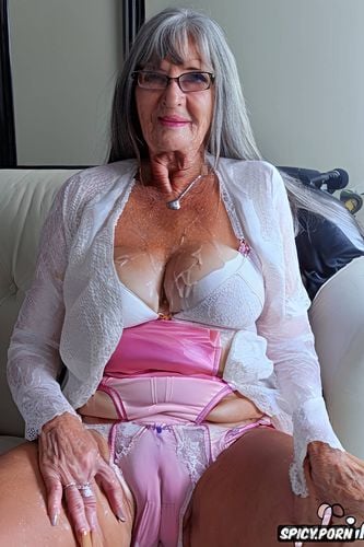 pink satin skirt with floral print, short granny, wet piss stain on crotch