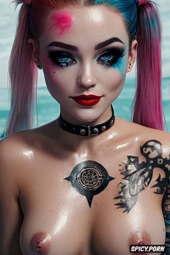 nude, petite body, hair style pigtails, harley quinn, petite