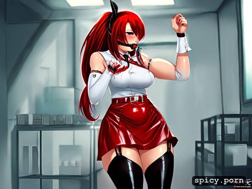 leather, muscular body, necktie, white uniform, red hair, precise lineart