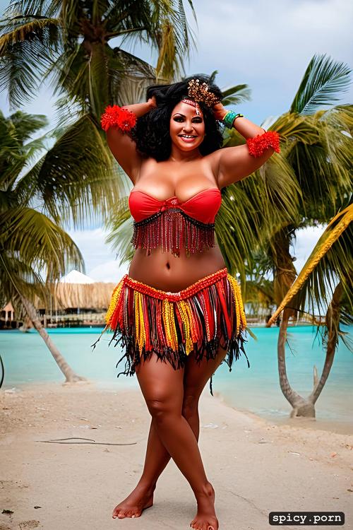performing on stage, sharp focus, flawless smiling face, 42 yo beautiful tahitian dancer