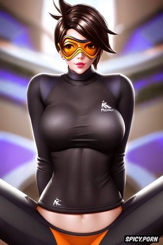 ultra detailed, ultra realistic, tracer overwatch tight black sweater yoga pants beautiful face full lips milf full body shot