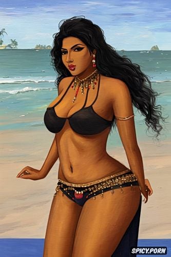 full body shot, beautiful face, dark hair, in beach, thin waist