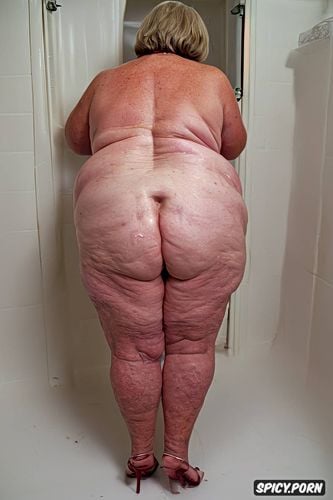 pov, rear view, naked, hyperrealistic pregnant pissing muscular thighs red bobcut haircut