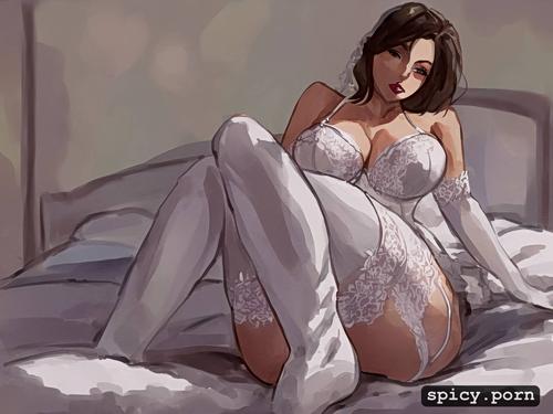 reclining in bed with her knees apart, white garter belt, wearing white wedding bustier
