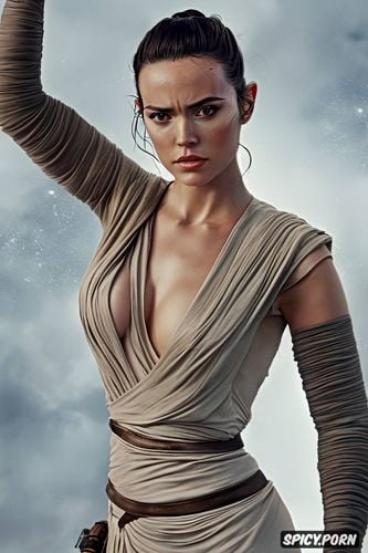 sharp focus, matte, portrait, rey skywalker star wars the force awakens soft brown silk jedi robe robe open medium perky firm natural tits beautiful face artstation