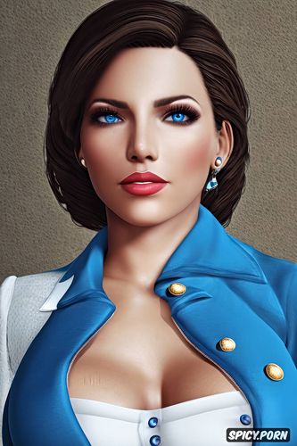 masterpiece, elizabeth bioshock infinite blue bolero jacket white shirt shirt unbuttoned beautiful face full lips milf