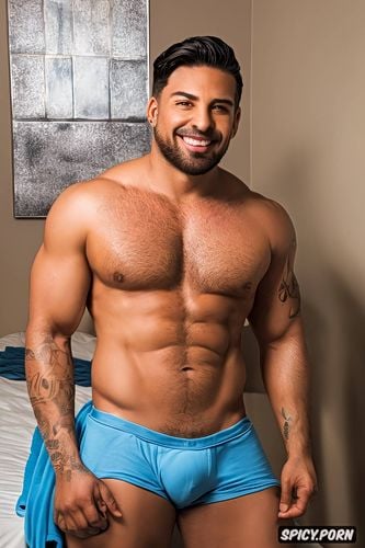 full light from front, muscled hunk, realistic glans, black short hair